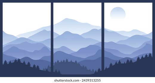 Mountain colors, translucent waves, sunset, pine trees, abstract glass shapes, modern background, design vector illustration