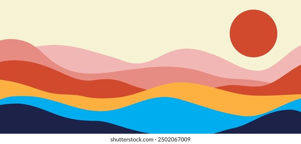 Bergfarben, transluzente Wellen, Sonnenuntergang, abstrakte Glasformen, moderner Hintergrund, Vektorgrafik