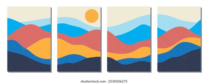 Mountain colors, translucent waves, sunset, pine trees, abstract glass shapes, modern background, design vector illustration