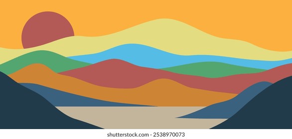 Mountain colors, translucent waves, sunset, abstract glass shapes, modern background, design vector illustration