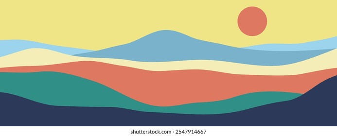 Colores de la montaña, ondas translúcidas, puesta del sol, Formas de cristal abstractas, fondo moderno, Ilustración vectorial de diseño