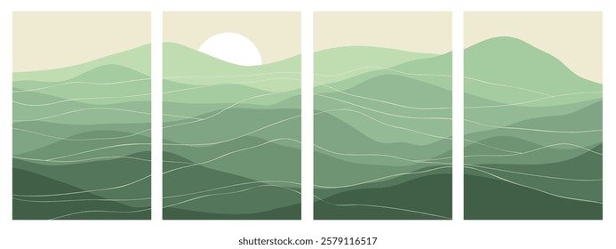 Mountain colors, translucent waves, sunset, pine trees, abstract glass shapes, modern background, design vector illustration