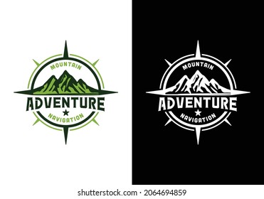 Mountain with compass. Adventure or journey navigation logo design template inspiration