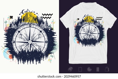 Mountain and compass. Adventure travel and outdoors symbol. Zine culture concept. Hand drawn vector glitch tattoo. T-shirt design. Creative print for clothes. Template for posters, textiles, apparels