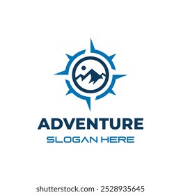 Mountain With Compass Badge logo design Suitable For Hiking,Adventure,Outdoor Emblem