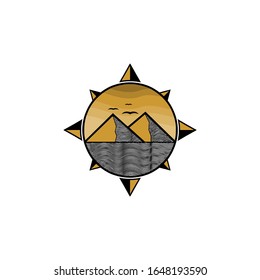 Mountain with compass badge vector logo design featuring rugged peaks and directional elements. Ideal for outdoor adventure brands, hiking clubs, camping gear, travel agencies, and nature explorers.