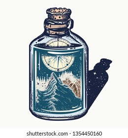 Mountain and compass in bottle. Adventure, travel, outdoors symbol 