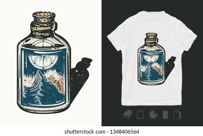 Mountain and compass in bottle. Print for t-shirts and another, trendy apparel design. Adventure, travel, outdoors symbol 
