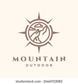 mountain compass line art logo vector minimalist illustration design, mountain outdoor symbol design