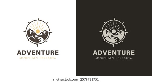 Mountain with Compass logo design. Mount Peak for directions Travel Adventure Outdoor vector logo template