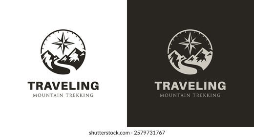 Mountain with Compass logo design. Mount Peak for directions Travel Adventure Outdoor vector logo template