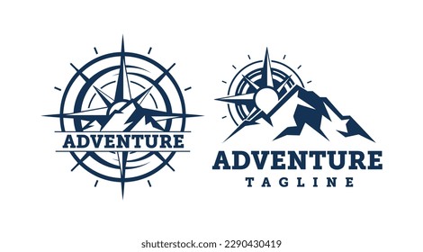 Plantilla de diseño del logotipo de la brújula de montaña. Clíparte del logo de la silueta de brújula. Logo de Adventure