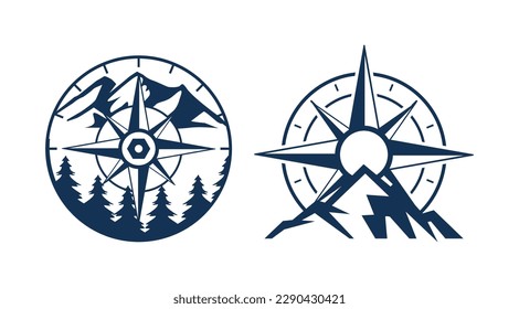 Mountain compass logo design template. Compass silhouette logo clipart. Adventure logo