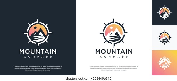 Mountain compass logo design. Compass logo template with mountain. Adventure logo symbol icon