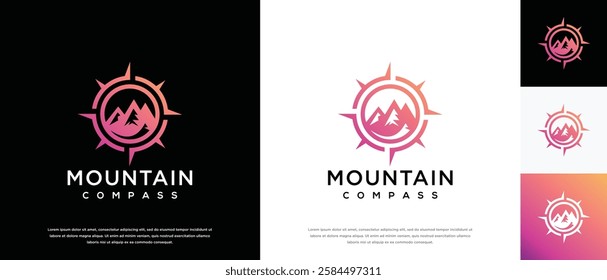 Mountain compass logo design. Compass logo template with mountain. Adventure logo symbol icon