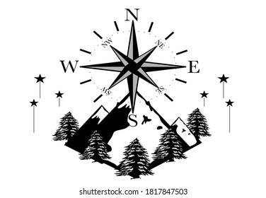 Mountain and compass with pine and star icon
