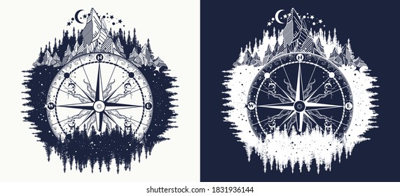 Mountain and compass tattoo art. Adventure, travel, outdoor symbol. T-shirt design. Black and white vector graphics 