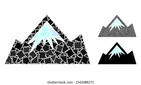 Mountain composition of ragged elements in different sizes and color tints, based on mountain icon. Vector inequal elements are combined into composition. Mountain icons collage with dotted pattern.