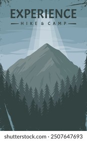 mountain with coniferous forest poster design, summer camp in the night vintage poster