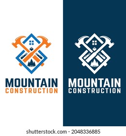 Mountain Construction Logo Design Template. Hammers, mountains, trees, and roofs of houses symbolize construction in nature. Suitable for Construction Company.