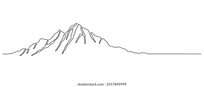 Mountain - continuous line drawing. One line mountain range landscape background. Rocky peaks in simple linear style. Black and white minimalist mountain illustration