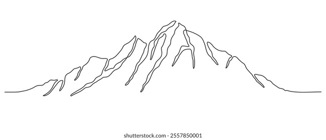 Mountain - continuous line drawing. One line mountain range landscape background. Rocky peaks in simple linear style. Black and white minimalist mountain panoramic view