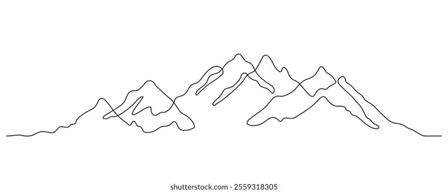 Mountain - continuous line drawing. One line mountain range landscape background. Rocky peaks in simple linear style. Black and white minimalist mountain panoramic view