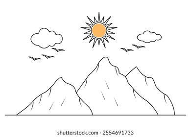 Mountain continuous one line art drawing with outline vector illustration