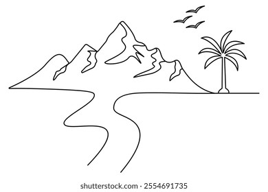 Mountain continuous one line art drawing with outline vector illustration