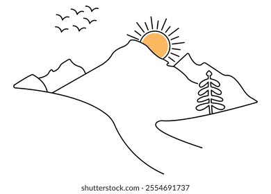 Mountain continuous one line art drawing with outline vector illustration