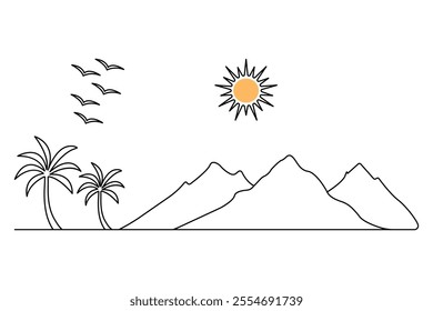 Mountain continuous one line art drawing with outline vector illustration