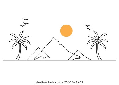 Mountain continuous one line art drawing with outline vector illustration