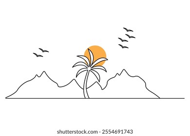 Mountain continuous one line art drawing with outline vector illustration