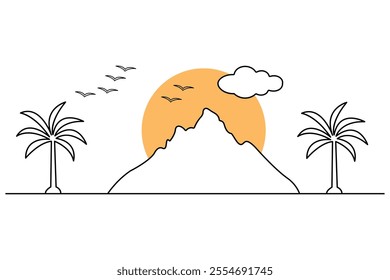 Mountain continuous one line art drawing with outline vector illustration