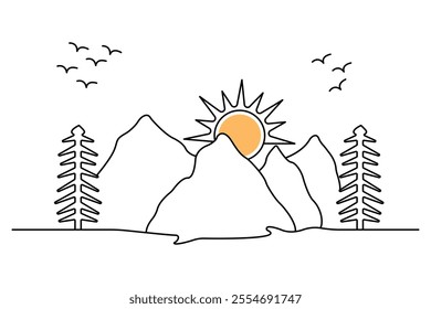 Mountain continuous one line art drawing with outline vector illustration