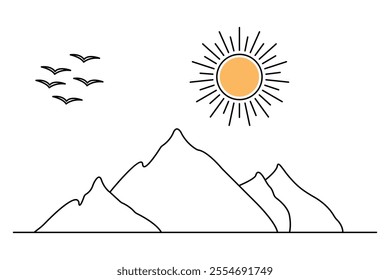 Mountain continuous one line art drawing with outline vector illustration