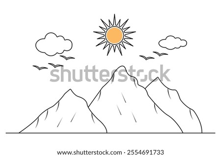 Mountain continuous one line art drawing with outline vector illustration