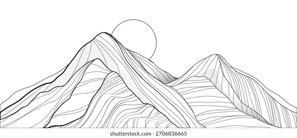 Ilustración vectorial de la línea de contorno de montaña con picos fluidos y líneas mínimas de terreno negro