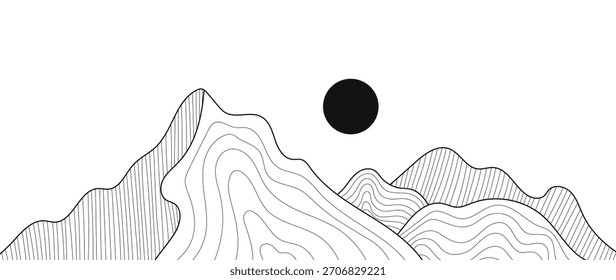 Paisaje de Vector de línea de contorno de montaña con Formas de terreno fluidas y negro: diseño de naturaleza aventurera para senderismo, viajes al aire libre y exploración