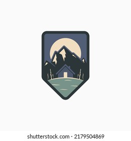 Mountain cottage at night forest vintage badge design. Lake house rental logo concept. Adventure community badge design.