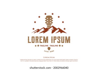 Mountain Country Guitar Music Western Vintage Retro Saloon Bar Cowboy Logo Design Vector