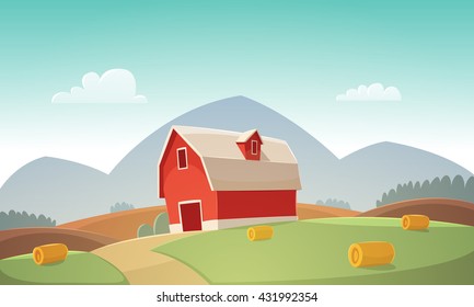 Mountain Countryside Landscape With Red Farm Barn, Cartoon Vector Illustration.