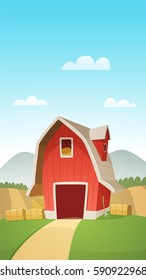 Mountain countryside landscape with red farm barn, cartoon vector illustration.