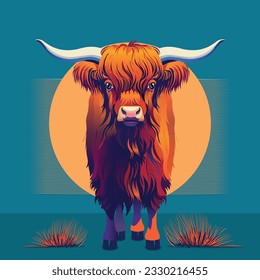 Mountain cow illustration in cartoon style on a turquoise background