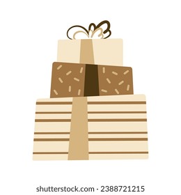 Mountain of craft gift boxes for Christmas, New Year or birthday. Flat design element.