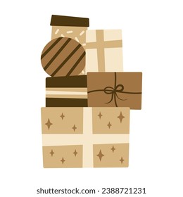 Berg von Geschenkbox für Weihnachten, Neujahr oder Geburtstag. Flaches Design-Element.