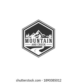 mountain and creek logo with mountain and creek illustration