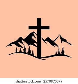 mountain and cross image, to commemorate easter day, simple flat vector image