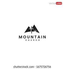 mountain with cross and sunrise or light. mountain church icon/symbol/Logo Design Vector Template Illustration