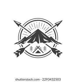 Mountain with crossed arrow hunting hiking camping tent circle vintage line logo design vector illustration. Cliff rock travel adventure journey discovery exploration nature expedition monochrome icon